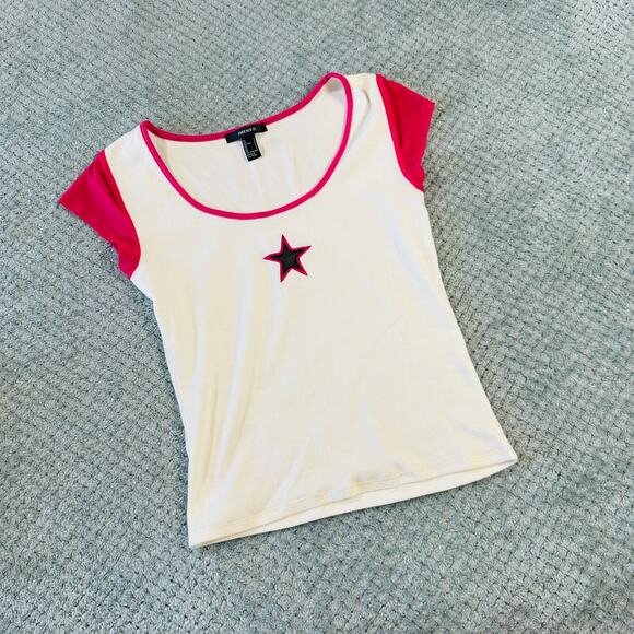 forever 21 white/pink star babydoll coquette baby tee graphic mini crop s - Picture 1 of 4